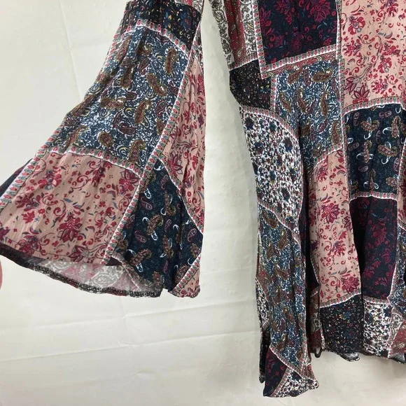 American Eagle Patchwork Mini Dress Sz S Boho Bell Slv Babydoll Festival Hippie - Picture 3 of 5